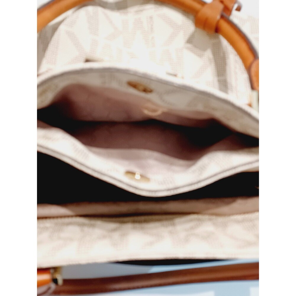 Michael Kors Cream MK Logo Canvas Crossbody with Brown Leather Trim - Picture 13 of 13
